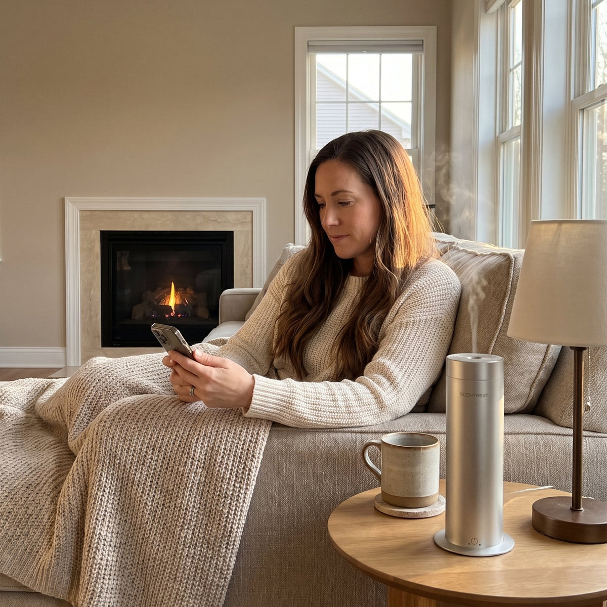 Woman on the sofa setting the Pillar waterless cold-air diffuser from her phone by the fire