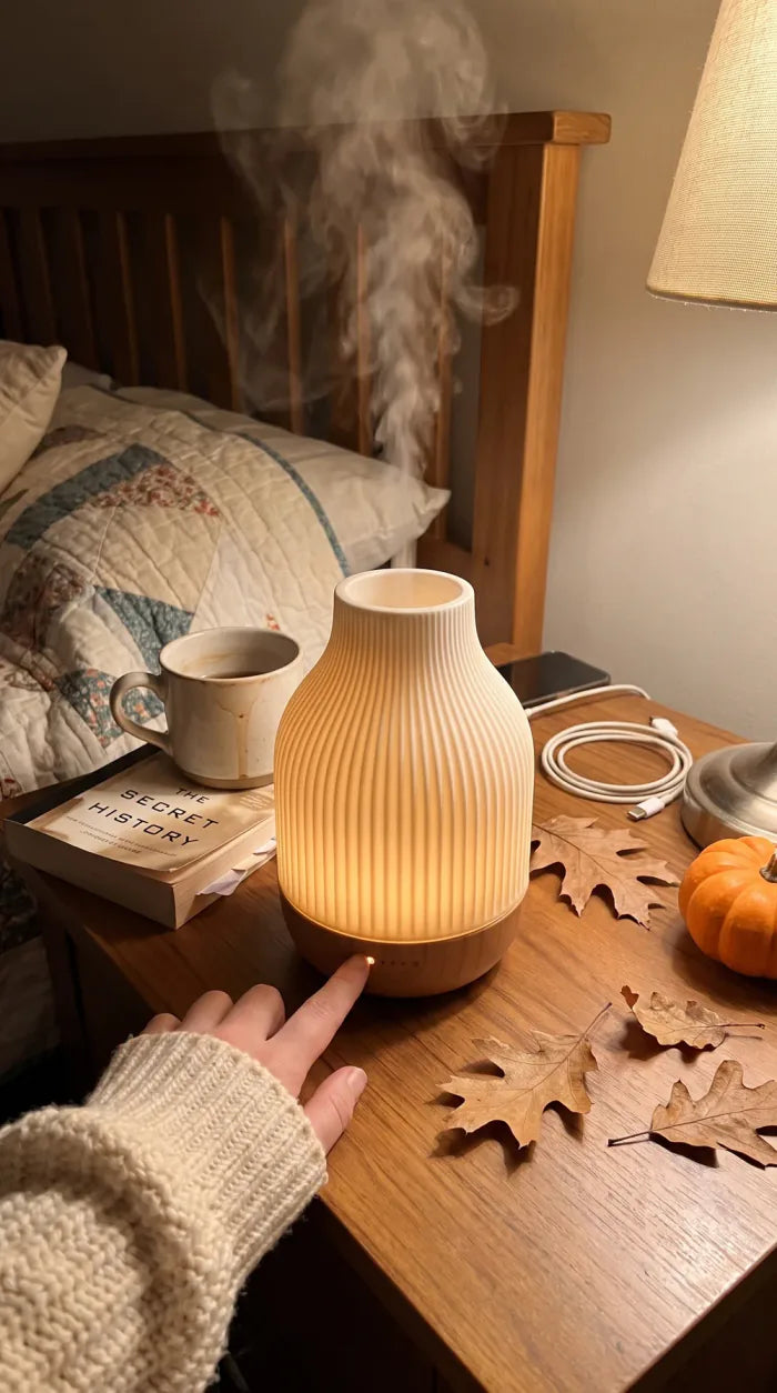 A hand touching the glowing ceramic diffuser on a desk