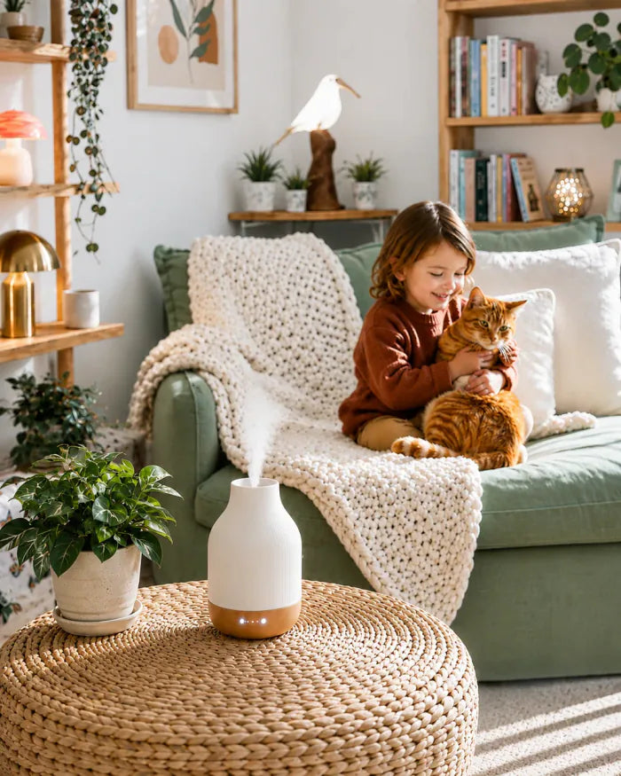 Ceramic diffuser on a side table while a child cuddles a cat on the sofa