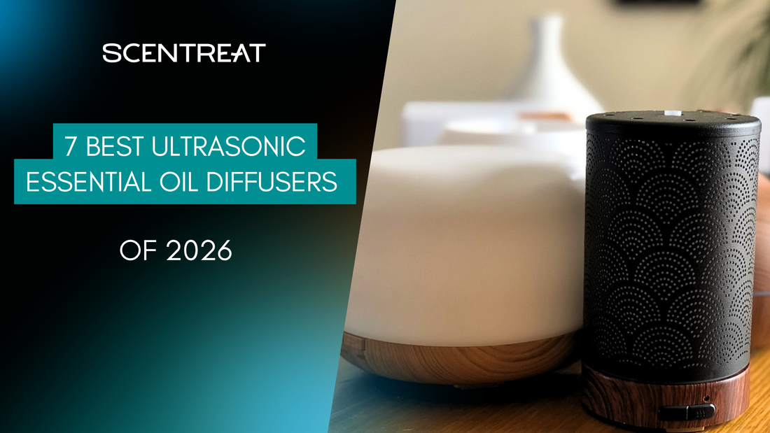 Best ultrasonic essential oil diffusers: a black patterned metal diffuser beside a white dome model on a table