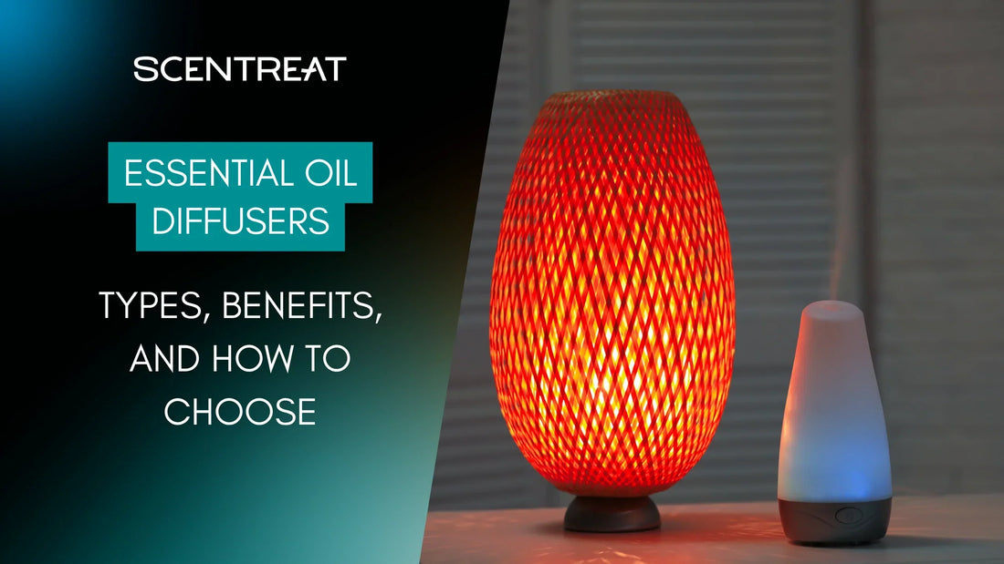White ultrasonic essential oil diffuser misting beside a glowing red rattan lamp on a side table