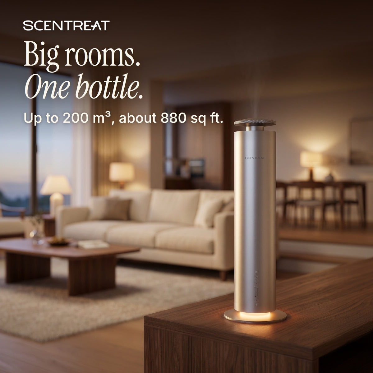 Tower diffuser scenting an open-plan living room, up to 200 cubic meters