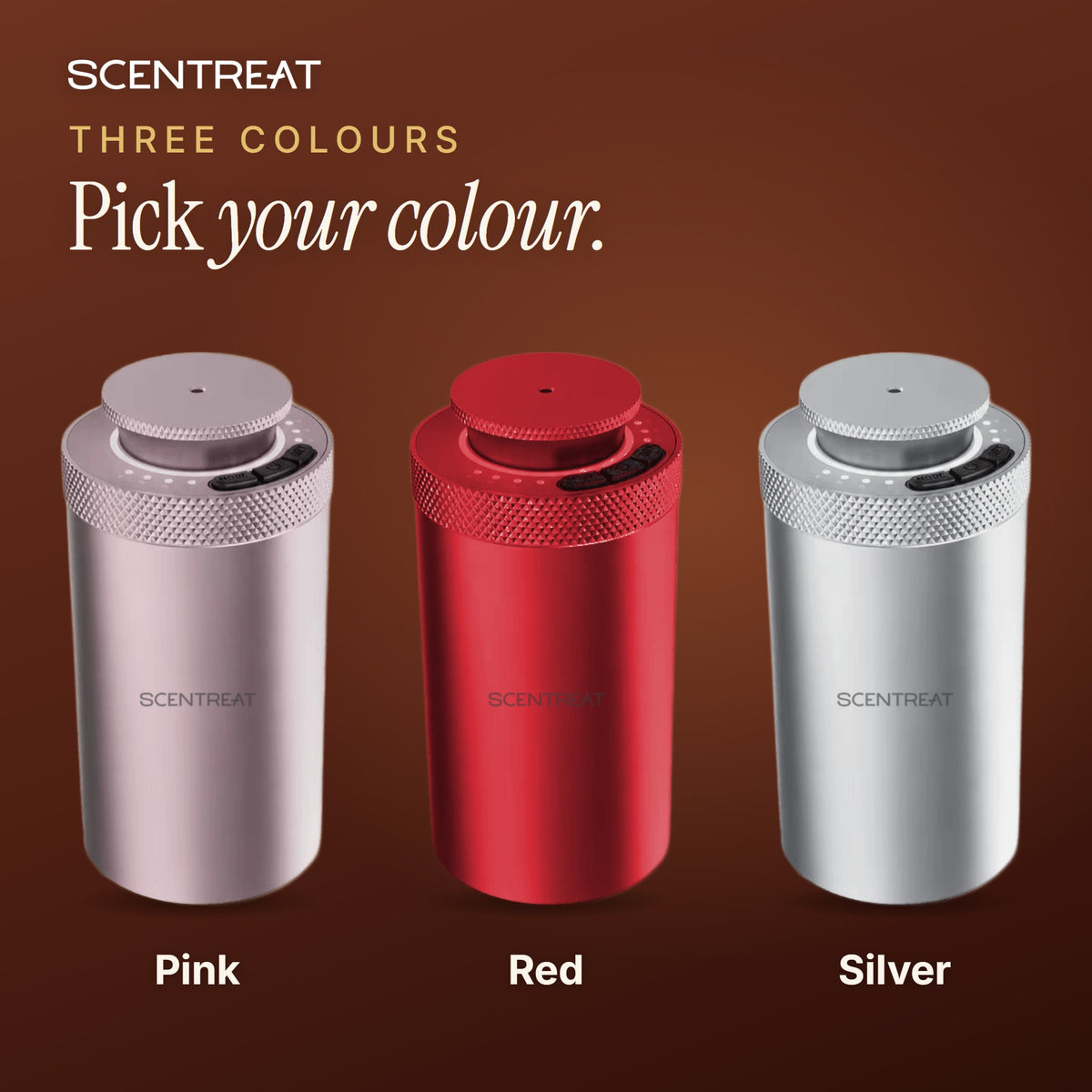 Roam mini waterless diffuser in pink, red and silver