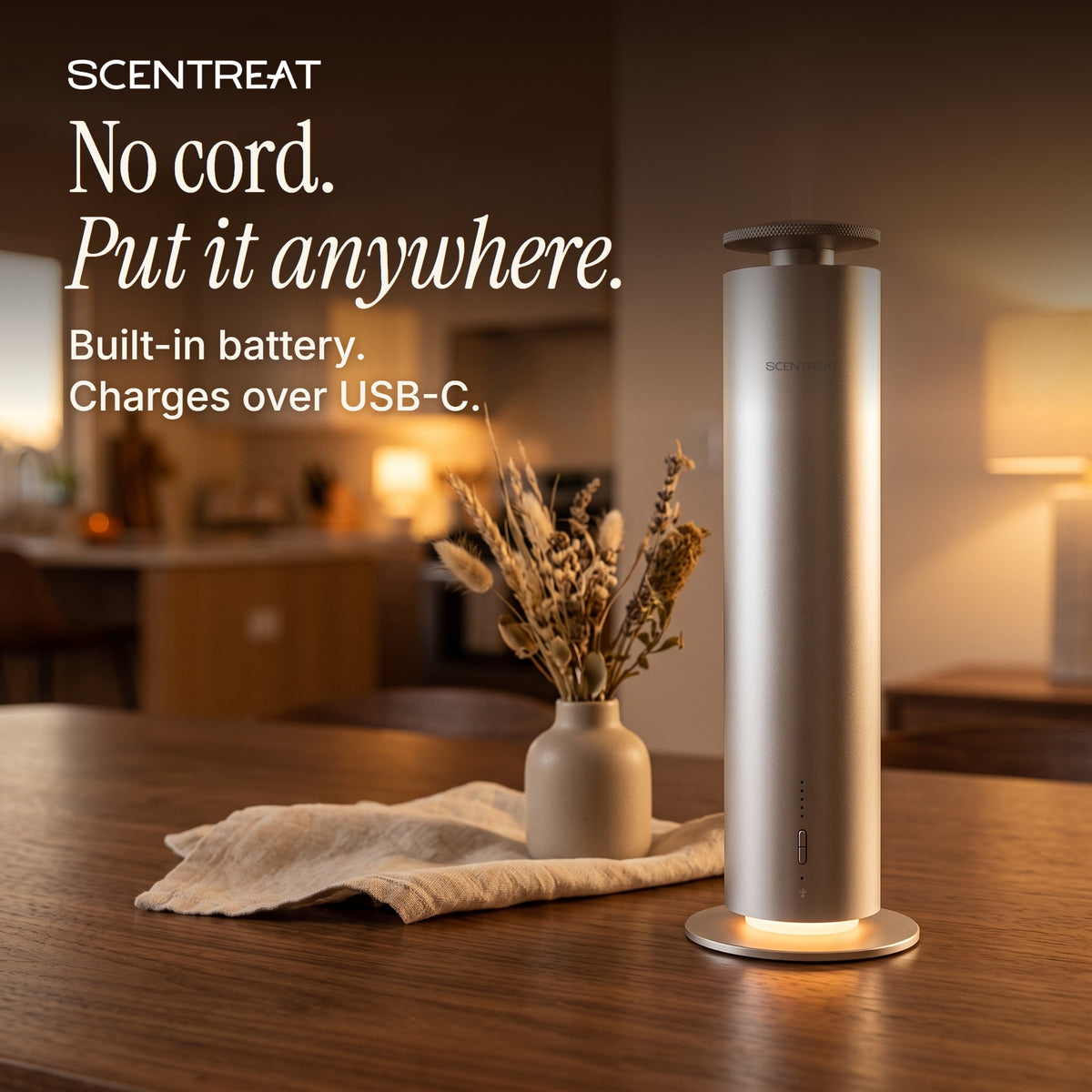 Cordless tower diffuser on a dining table with no cord