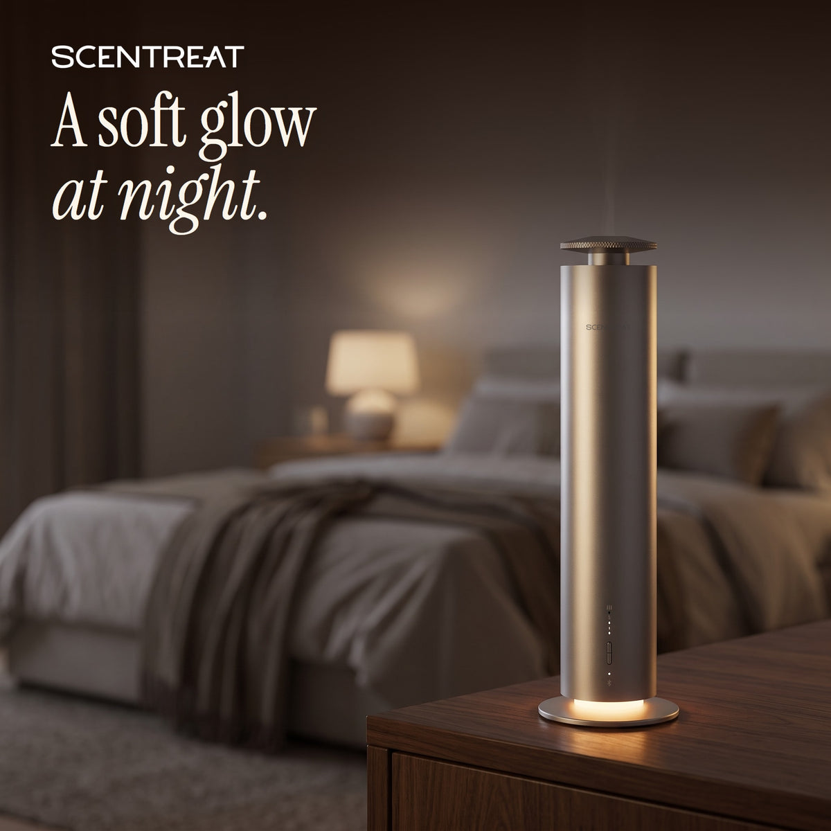 Tower diffuser with a soft glowing base at night