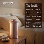 Mini diffuser specifications: 10-50 m3, 20 ml, under 34 dB, USB-C, aluminium, 145 mm