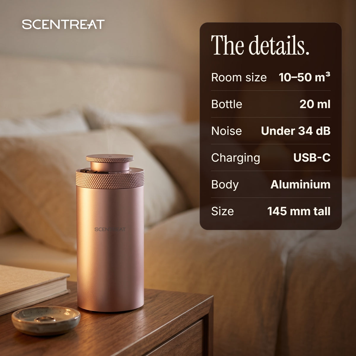 Mini diffuser specifications: 10-50 m3, 20 ml, under 34 dB, USB-C, aluminium, 145 mm