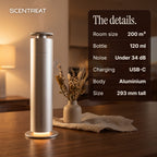 Tower diffuser specifications: 200 m3, 120 ml, under 34 dB, USB-C, aluminium, 293 mm