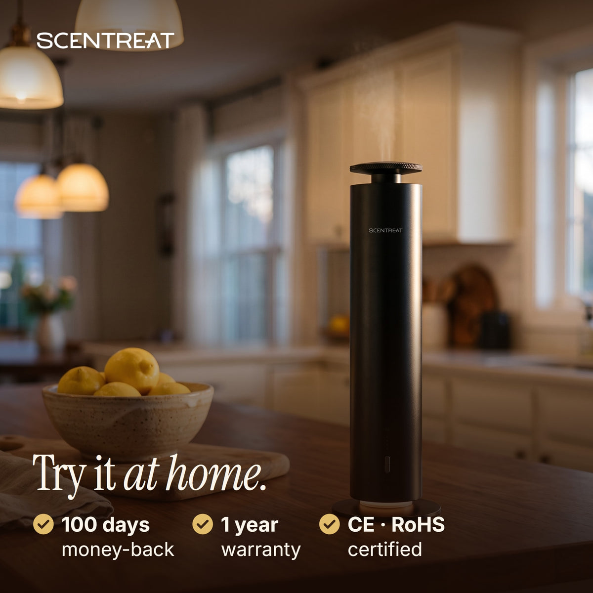 Black tower diffuser in a kitchen with 100-day money-back and 1-year warranty