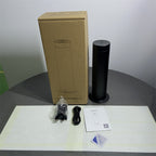 Pillar black cold-air diffuser unboxed with USB-C cable, adapter and manual