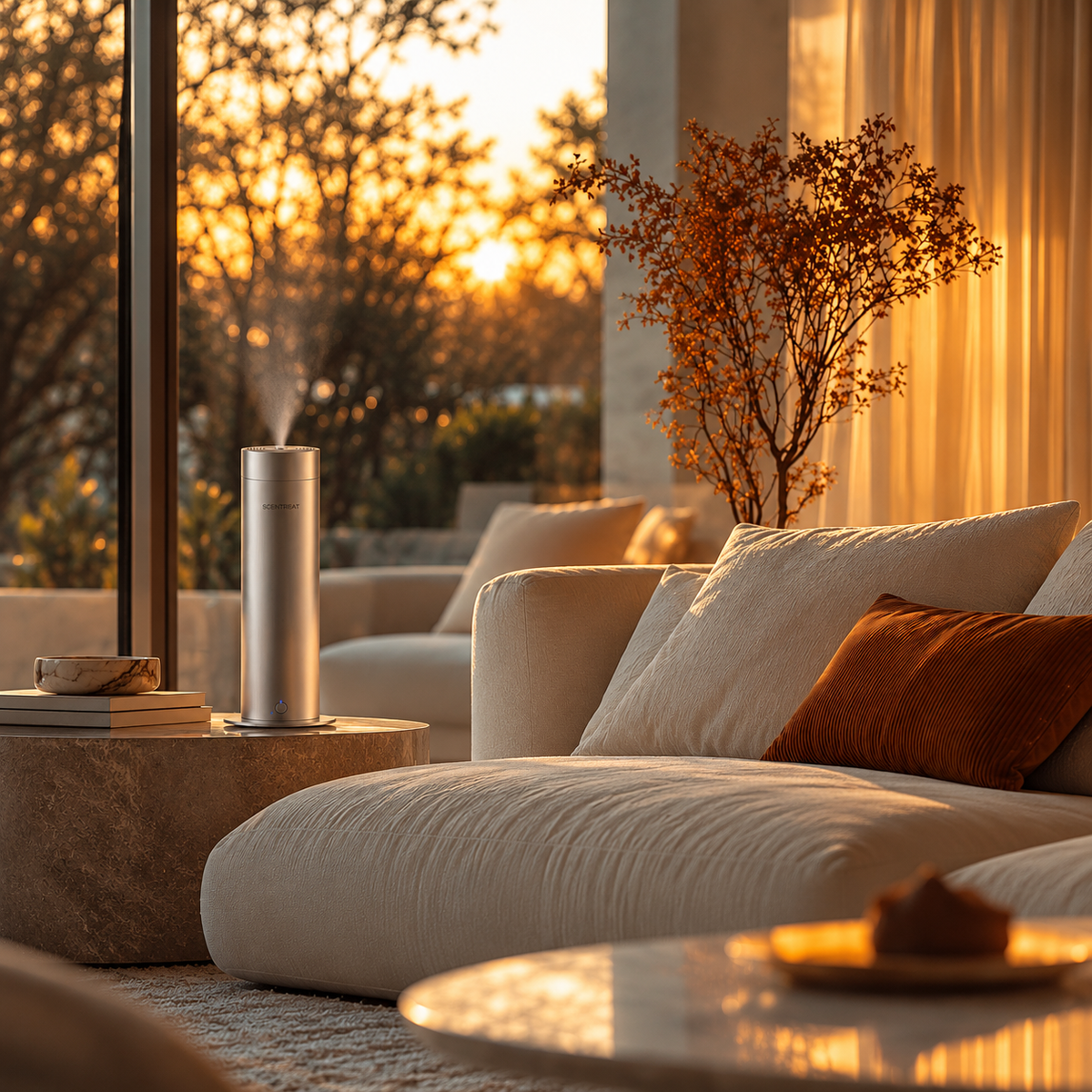 Host welcoming guests at the front door, Pillar waterless cold-air diffuser on the entry console