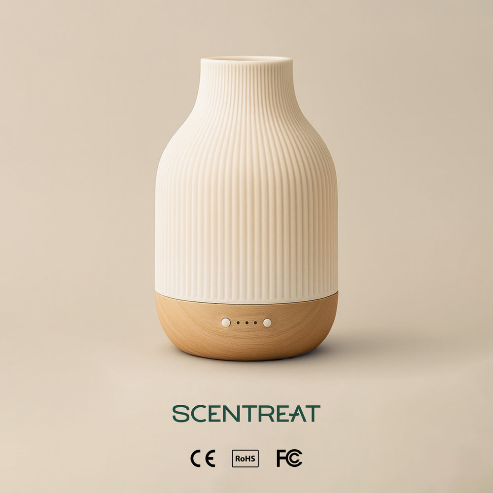 Rubber Wood & Ceramic Ultrasonic Essential Oil Diffuser on a nightstand