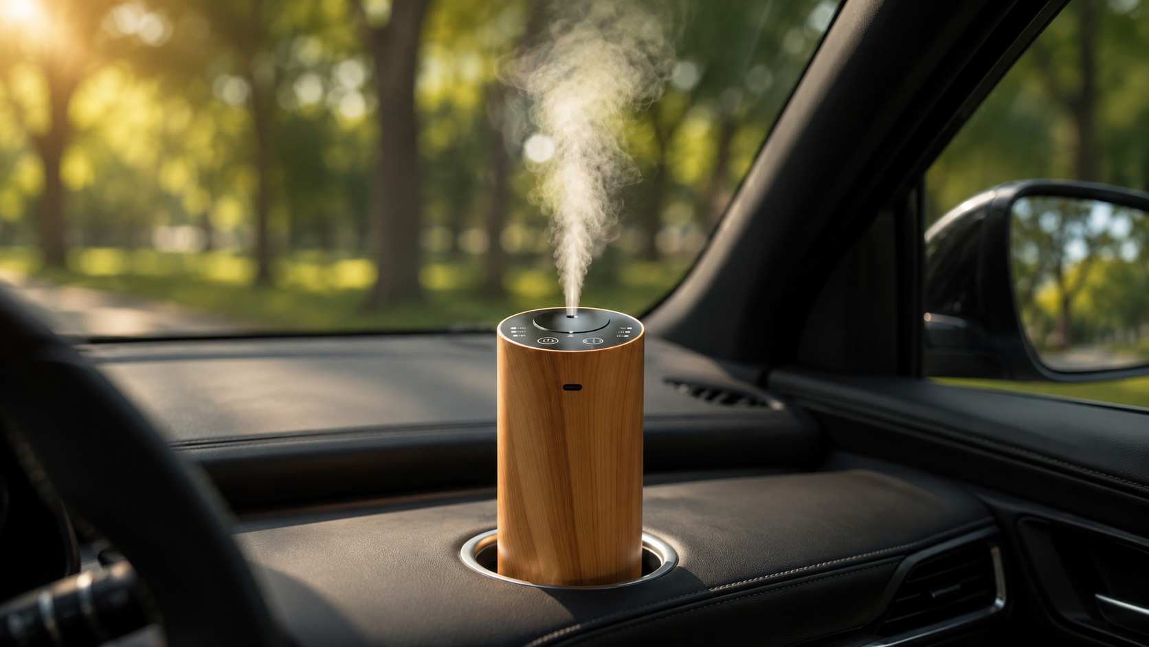 Wood grain portable diffuser misting in a car cupholder with trees through the windshield