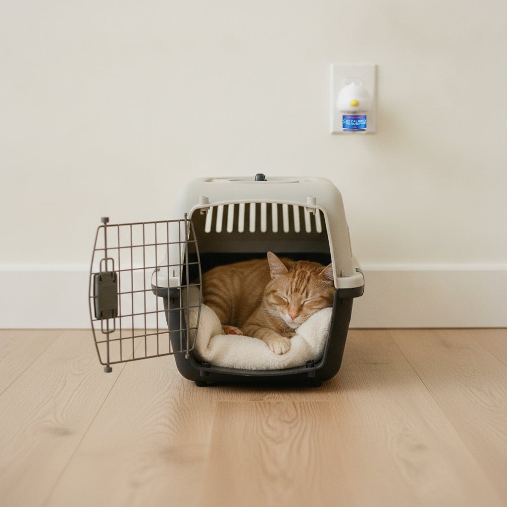 Cat resting in its carrier after a vet visit, calming diffuser plugged into the wall outlet