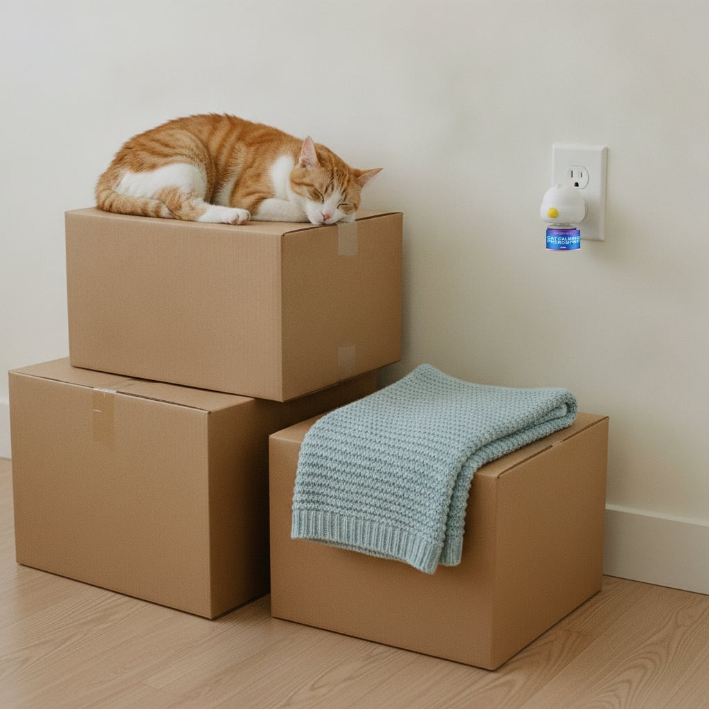 Cat napping on moving boxes next to a plugged-in cat calming diffuser