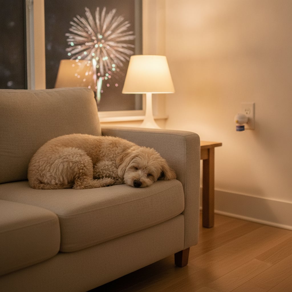 Dog asleep on the sofa during fireworks with a dog calming diffuser plugged in nearby