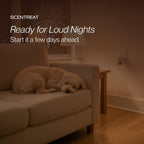 Dog calming diffuser for fireworks nights, dog asleep on the sofa