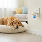 Golden retriever resting on a dog bed near a plug-in dog calming diffuser