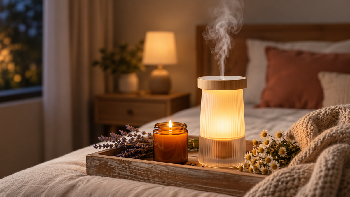 Waterless glass diffuser with a wooden lid misting on a tray beside a candle and lavender