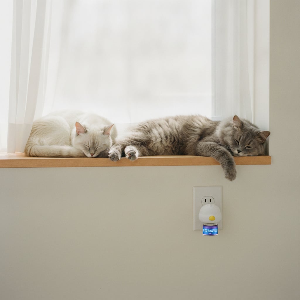 Two cats dozing on a windowsill above a plugged-in multi-cat calming diffuser