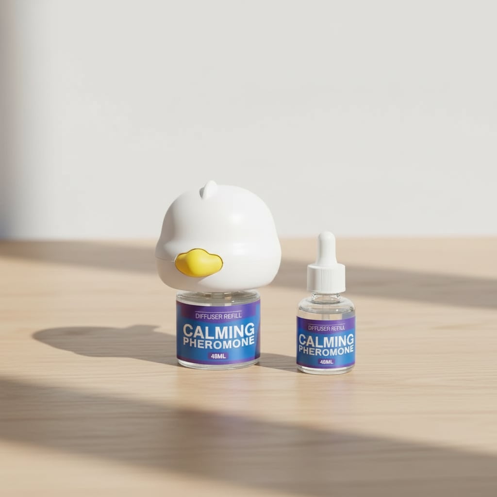 Pet calming diffuser with its 48 ml vial and a spare refill vial on a table