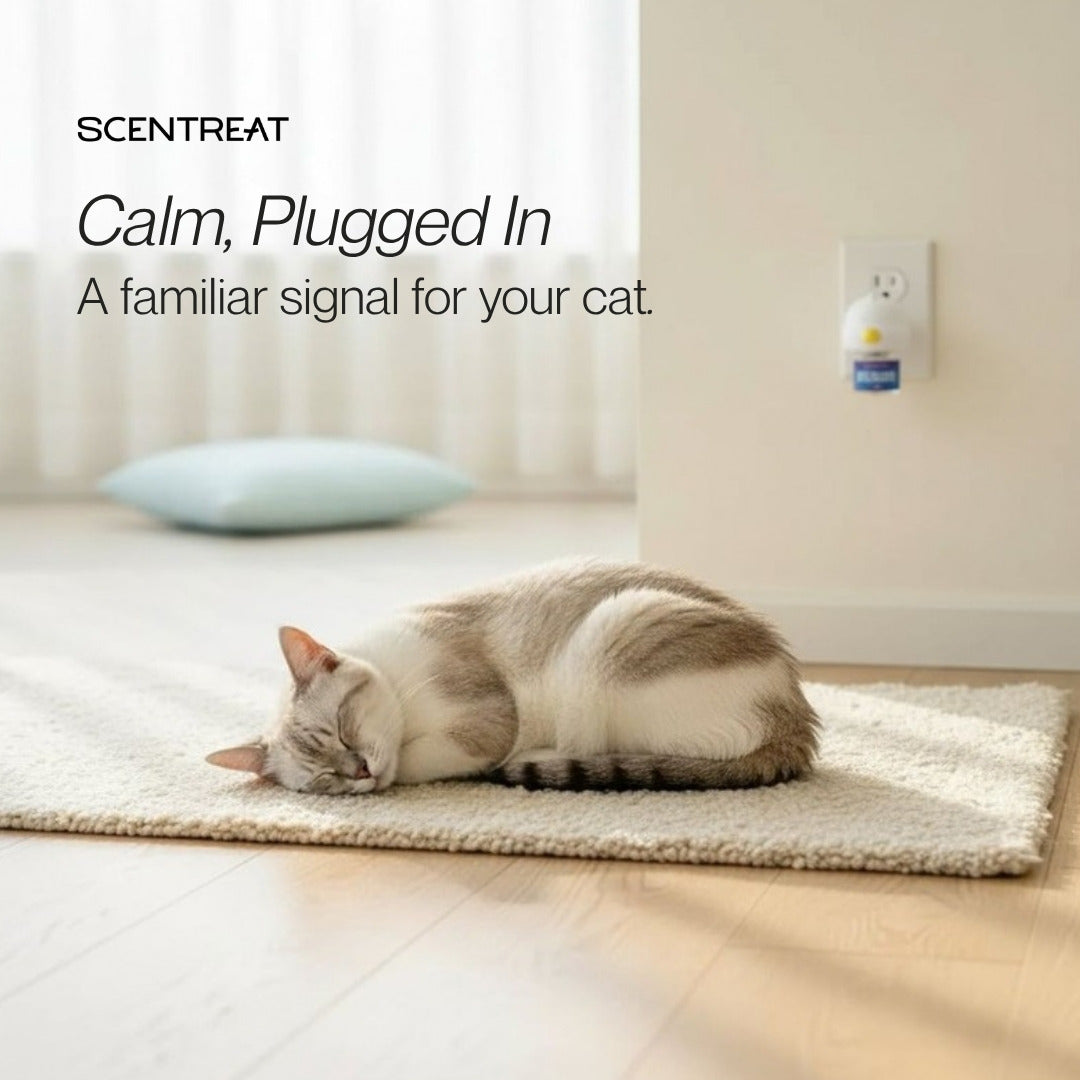 Cat calming diffuser plugged in near a sleeping cat: calm, plugged in