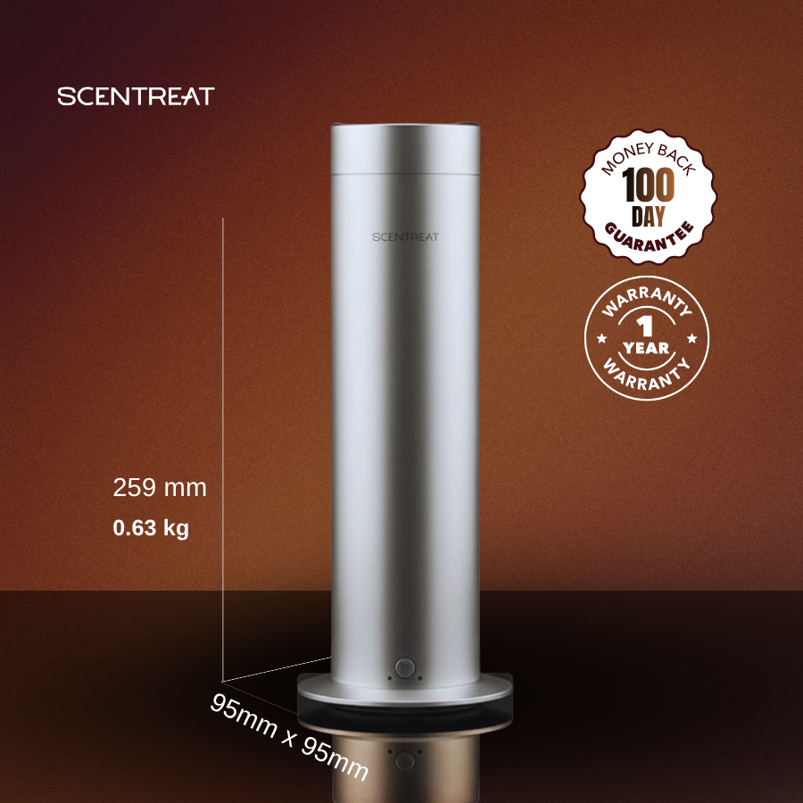 Pillar waterless cold-air diffuser in silver, 259 mm tall, with 100-day money-back and 1-year warranty
