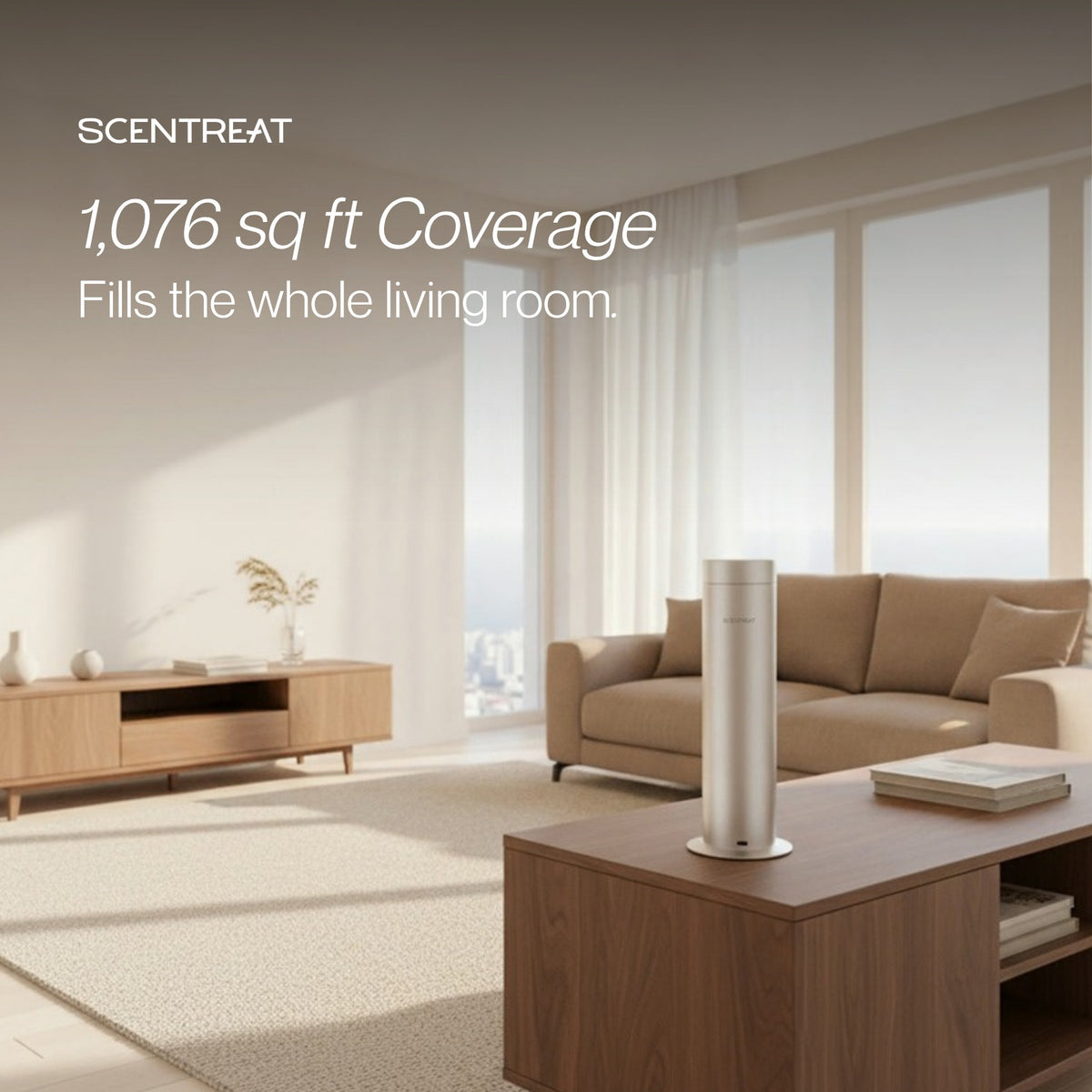 Silver Pillar cold-air diffuser covering 1,076 sq ft in a large open-plan living room