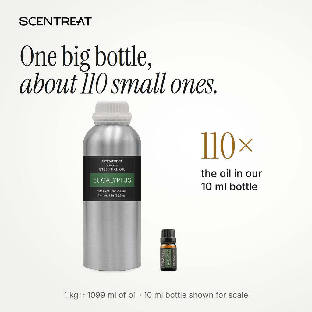 1 kg eucalyptus essential oil bottle next to a 10 ml bottle, about 110 small bottles of oil