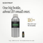 1 kg eucalyptus essential oil bottle next to a 10 ml bottle, about 110 small bottles of oil