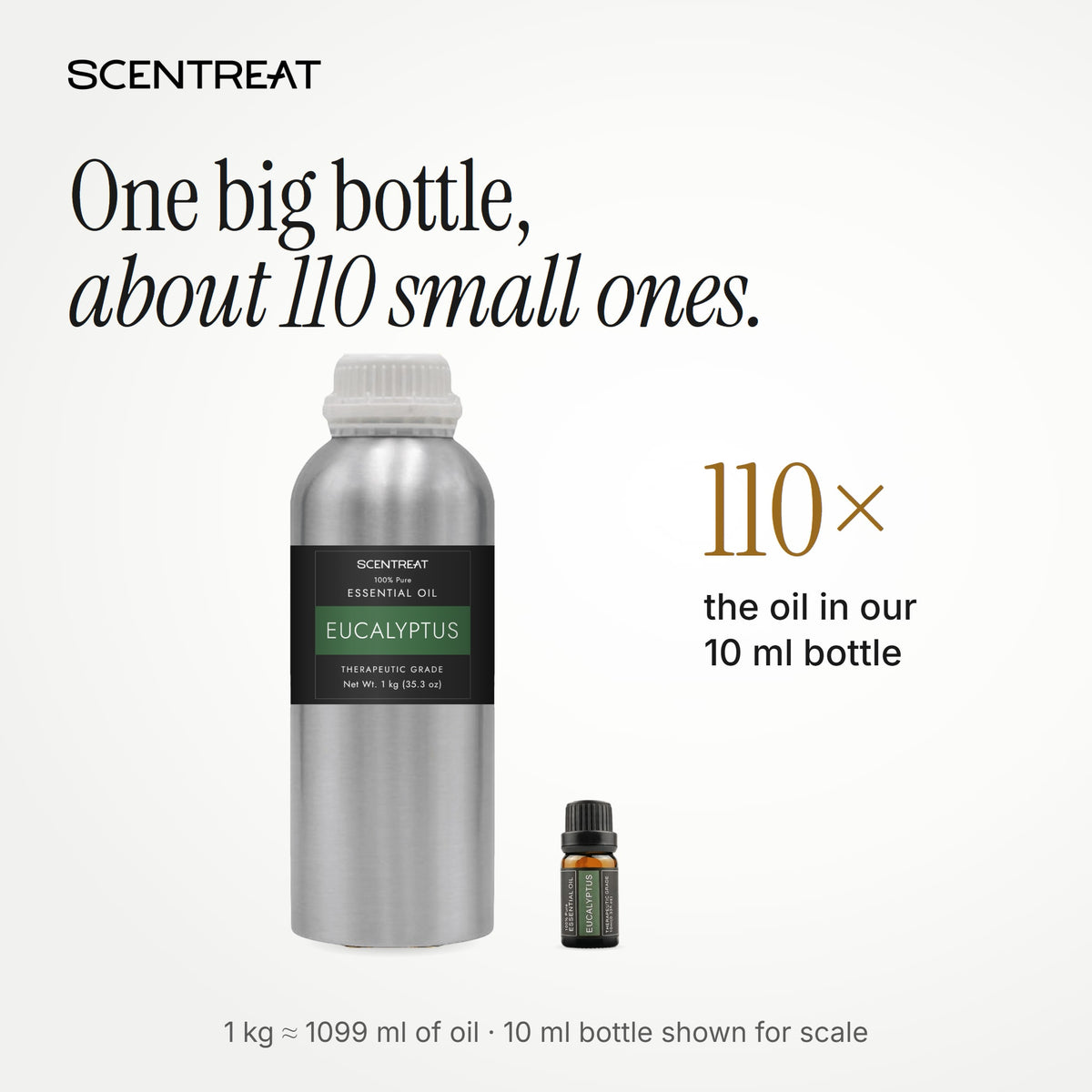 1 kg eucalyptus essential oil bottle next to a 10 ml bottle, about 110 small bottles of oil