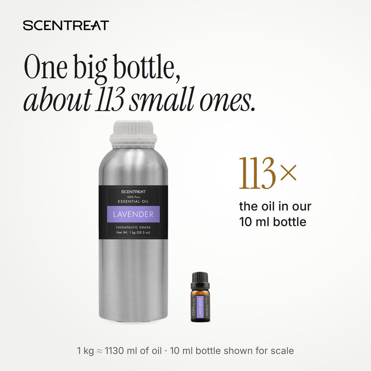 1 kg lavender essential oil bottle next to a 10 ml bottle, about 113 small bottles of oil