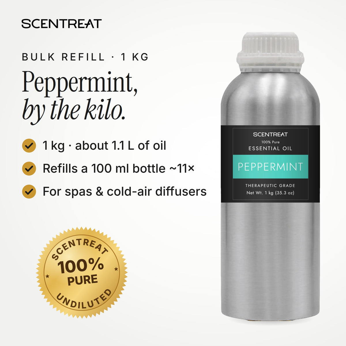 Peppermint essential oil 1 kg bulk refill in a SCENTREAT aluminum bottle