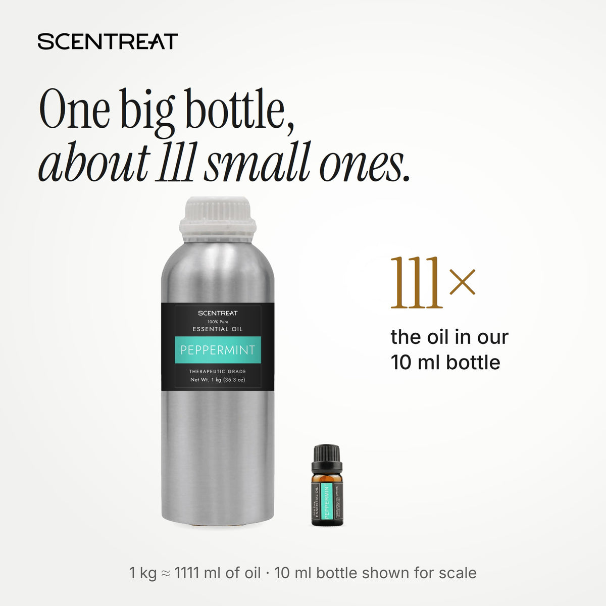 1 kg peppermint essential oil bottle next to a 10 ml bottle, about 111 small bottles of oil