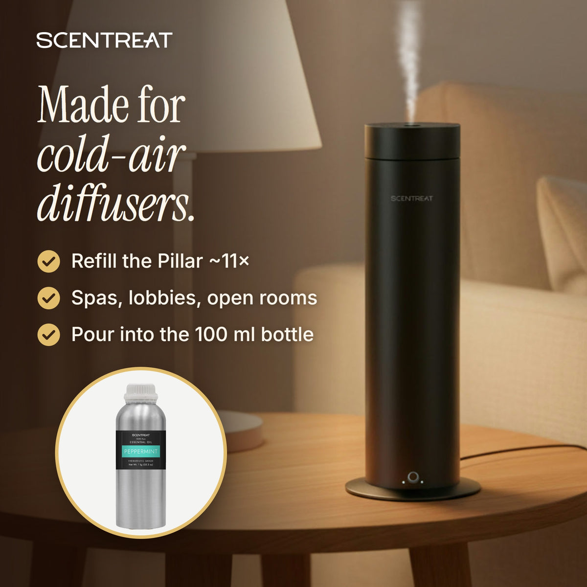 Peppermint essential oil 1 kg refill for cold-air diffusers like the SCENTREAT Pillar