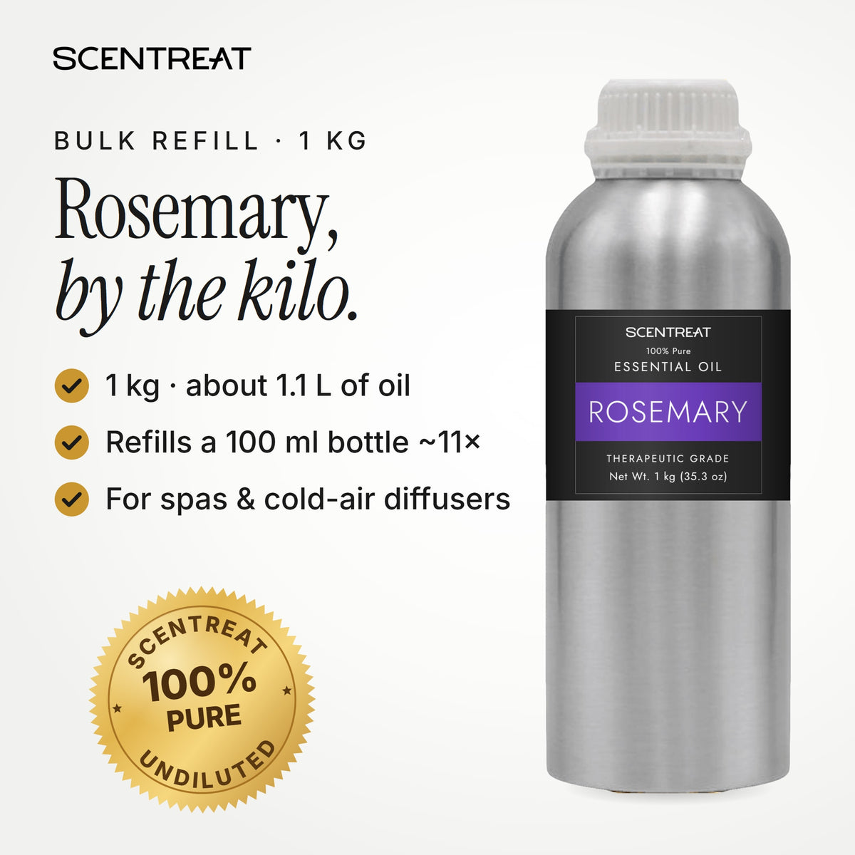 Rosemary essential oil 1 kg bulk refill in a SCENTREAT aluminum bottle