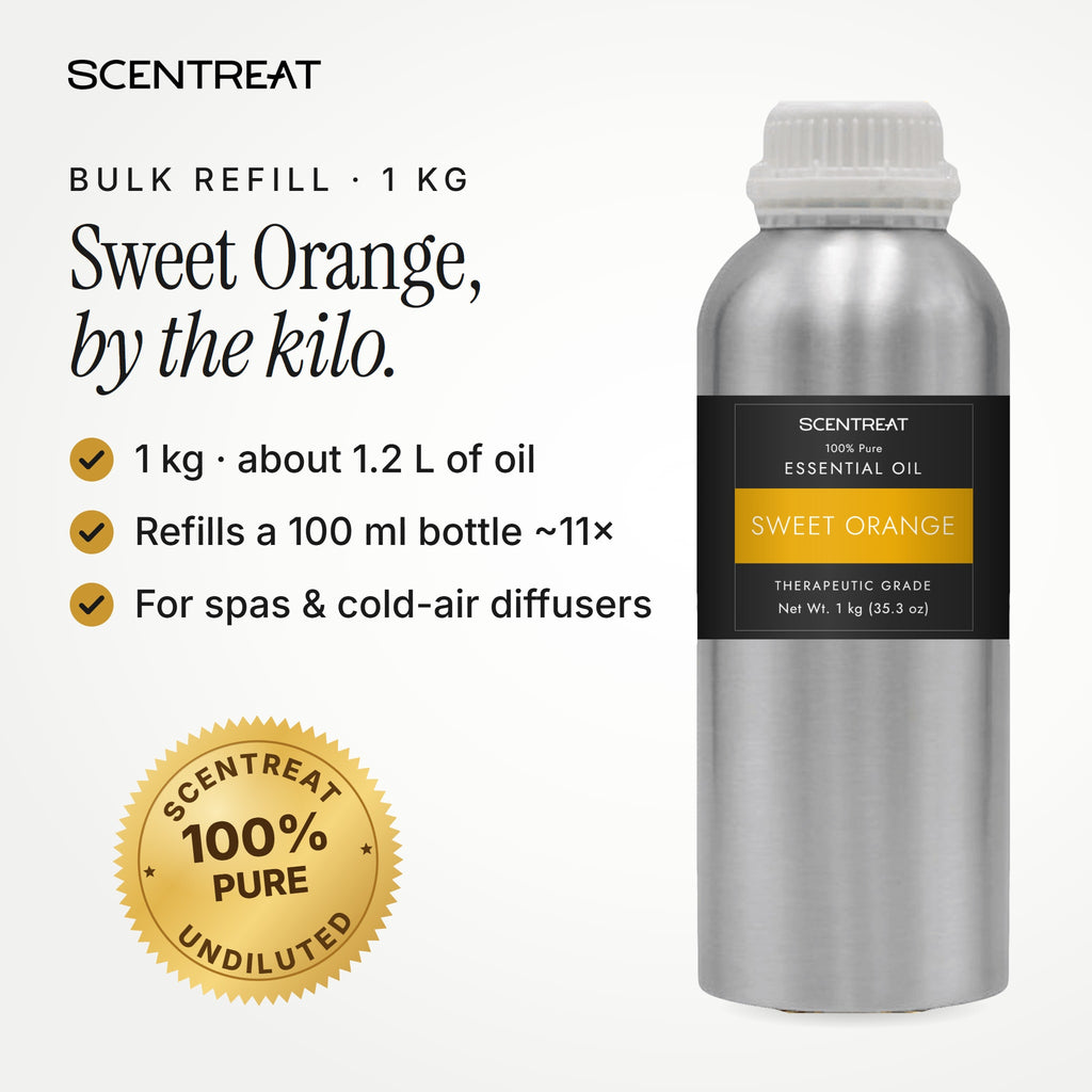 Sweet Orange essential oil 1 kg bulk refill in a SCENTREAT aluminum bottle