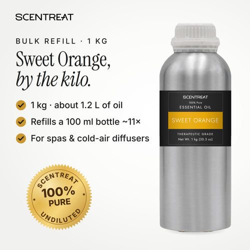 Sweet Orange essential oil 1 kg bulk refill in a SCENTREAT aluminum bottle