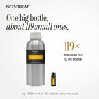 1 kg sweet orange essential oil bottle next to a 10 ml bottle, about 119 small bottles of oil