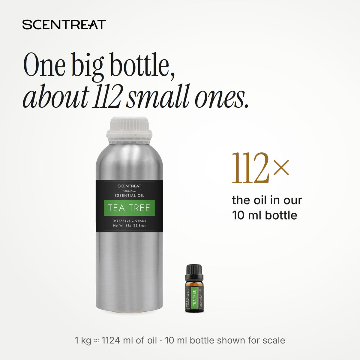 1 kg tea tree essential oil bottle next to a 10 ml bottle, about 112 small bottles of oil