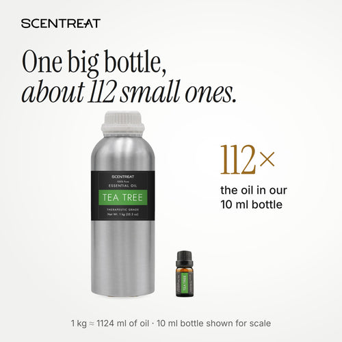 1 kg tea tree essential oil bottle next to a 10 ml bottle, about 112 small bottles of oil