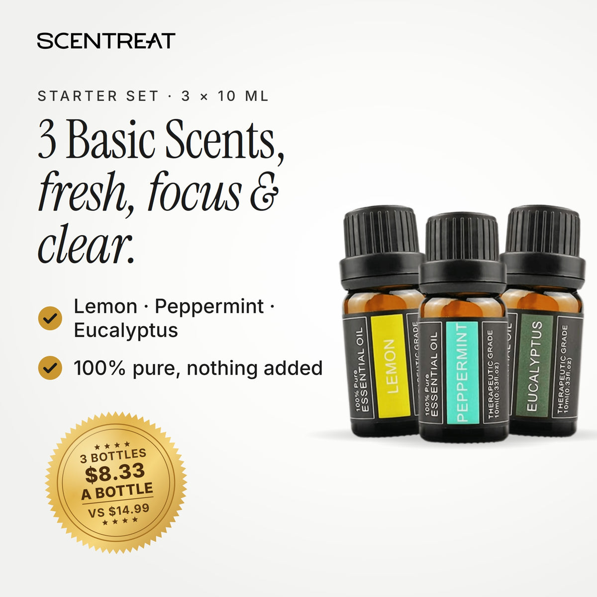 3 Basic Scents essential oil starter set, 3 x 10 ml, 100% pure
