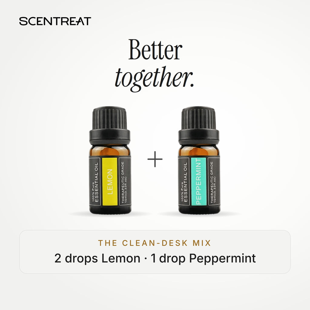 Lemon and Peppermint essential oil diffuser blend for a clean desk