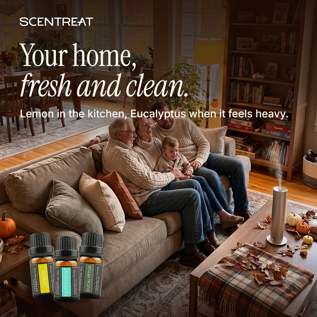 Fresh-smelling home with an essential oil diffuser and the 3 Basic Scents set