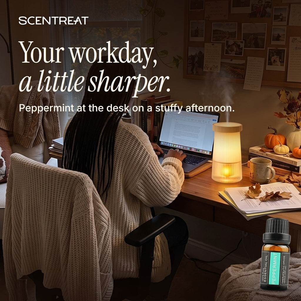 Peppermint essential oil diffuser on a work desk