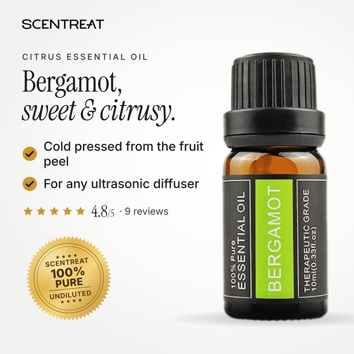 100% pure bergamot essential oil, sweet, citrusy, slightly floral