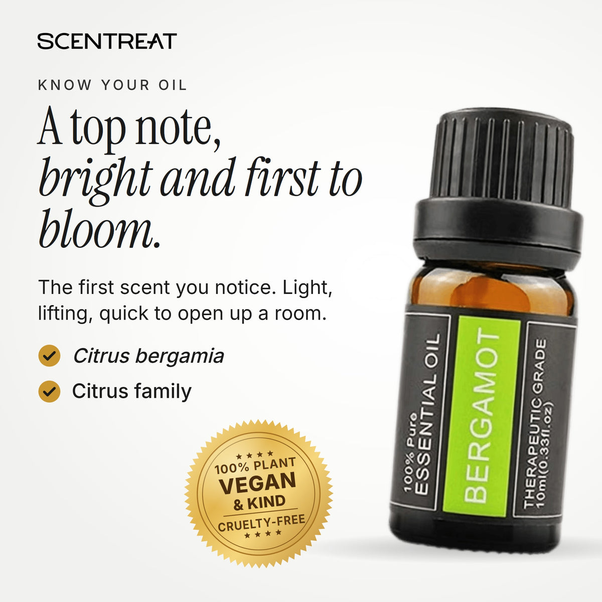 Bergamot essential oil (Citrus bergamia), a top note