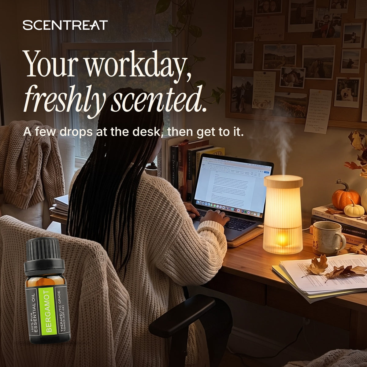 Bergamot essential oil in a diffuser in a cozy room