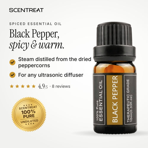 100% pure black pepper essential oil, spicy, warm, woody