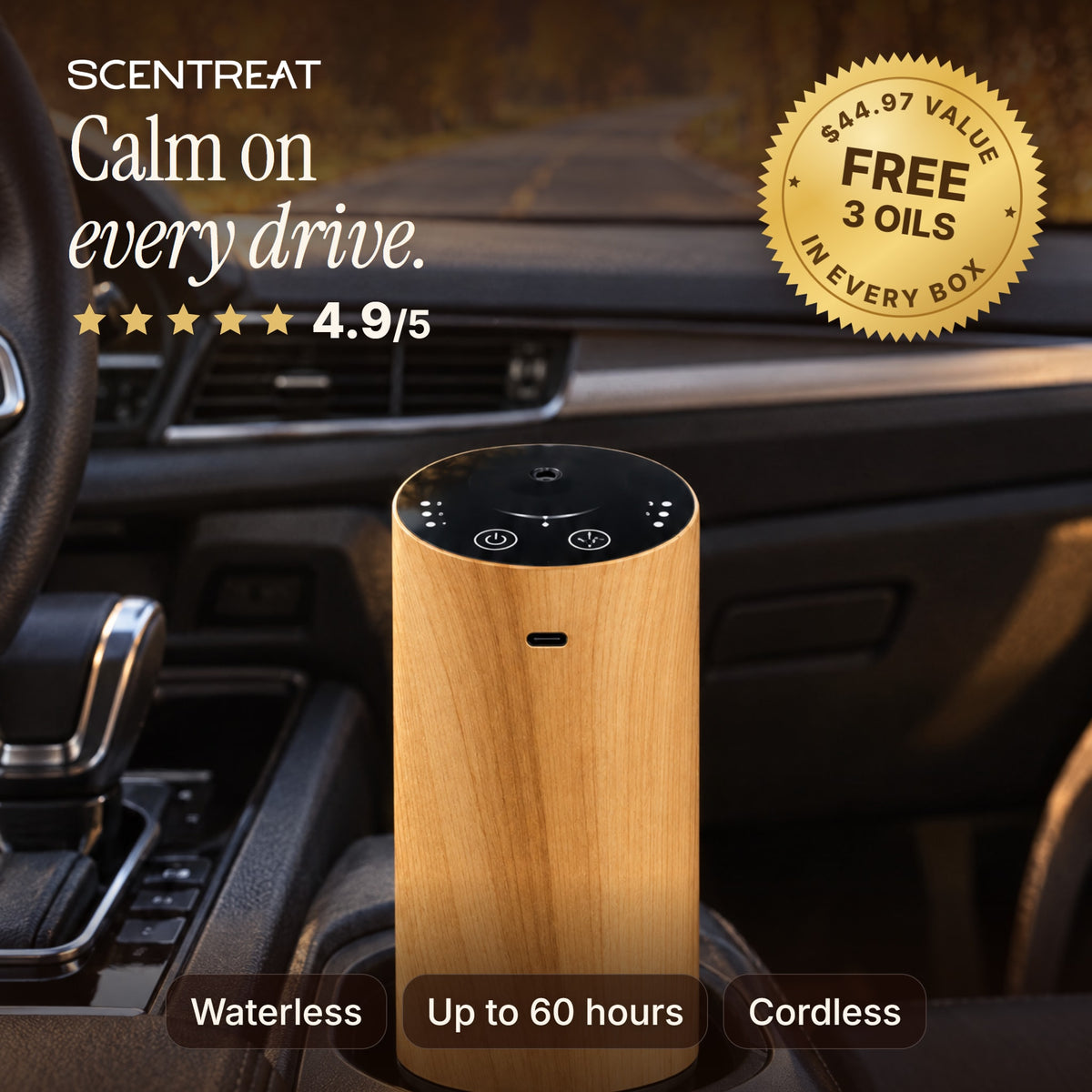 CalmRide car diffuser in a car cup holder, waterless and cordless